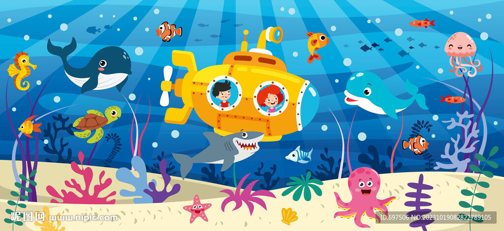 卡通潜水艇海底世界海豚鲸鱼背景