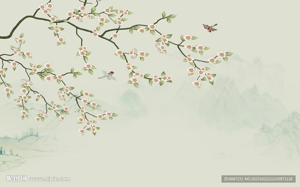 新中式手绘花鸟画背景墙