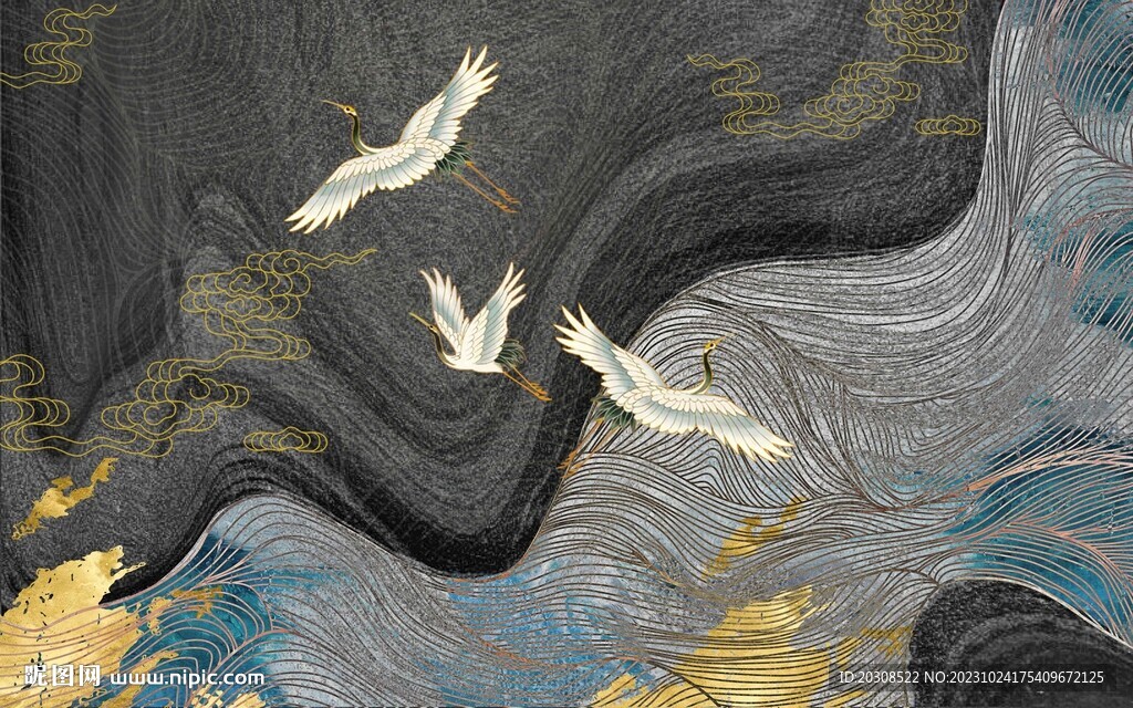 轻奢新中式抽象线条壁画背景墙