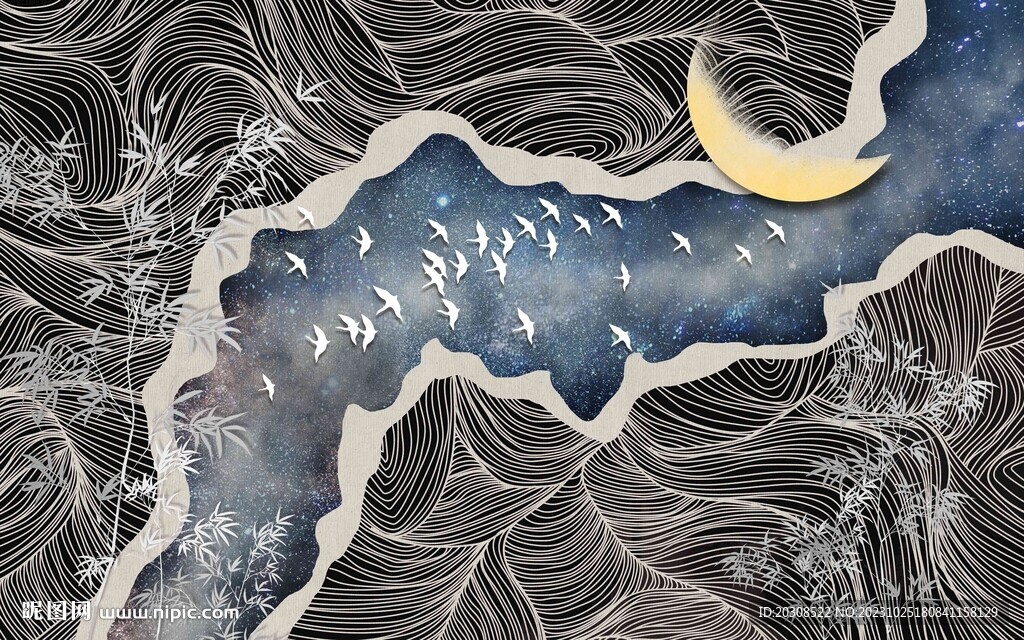 轻奢线条竹报平安壁画背景墙