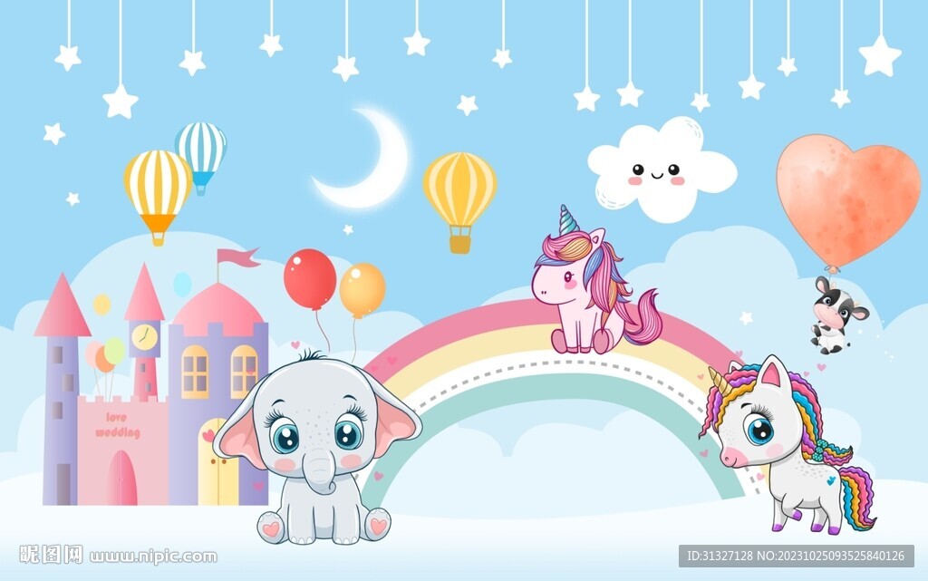 卡通小动物热气球天空云朵背景墙