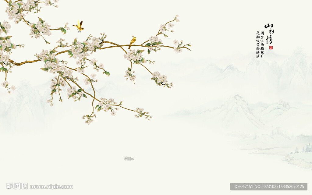 床头中式花鸟画背景墙