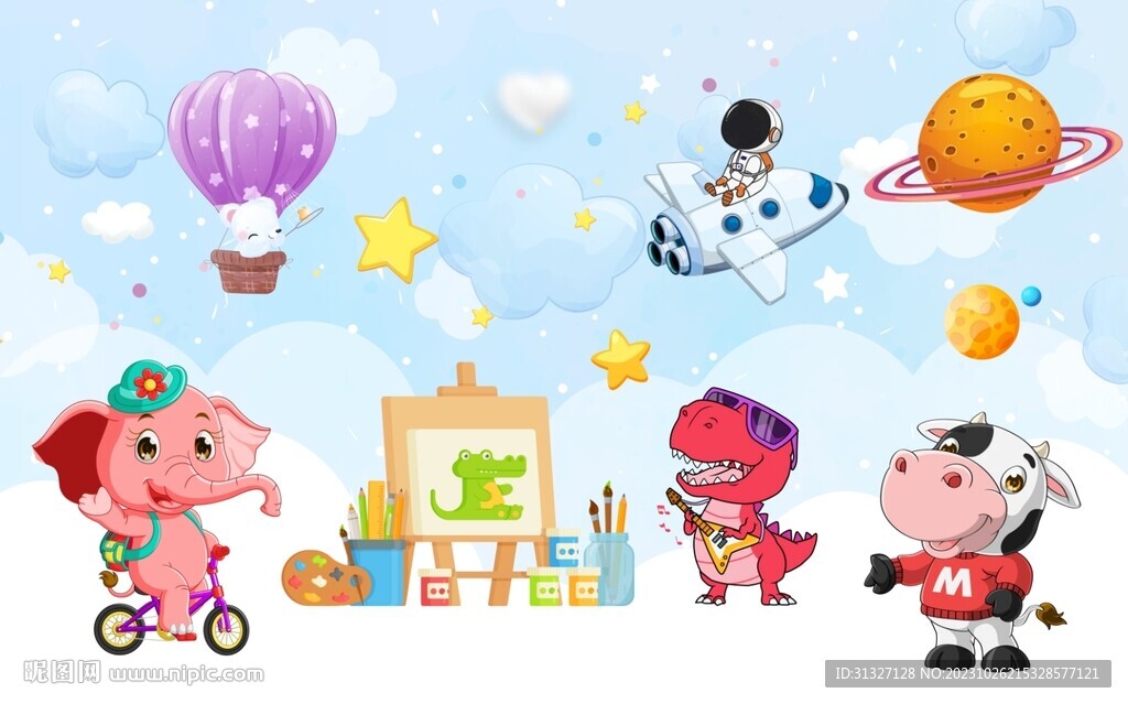 卡通云朵可爱动物背景墙