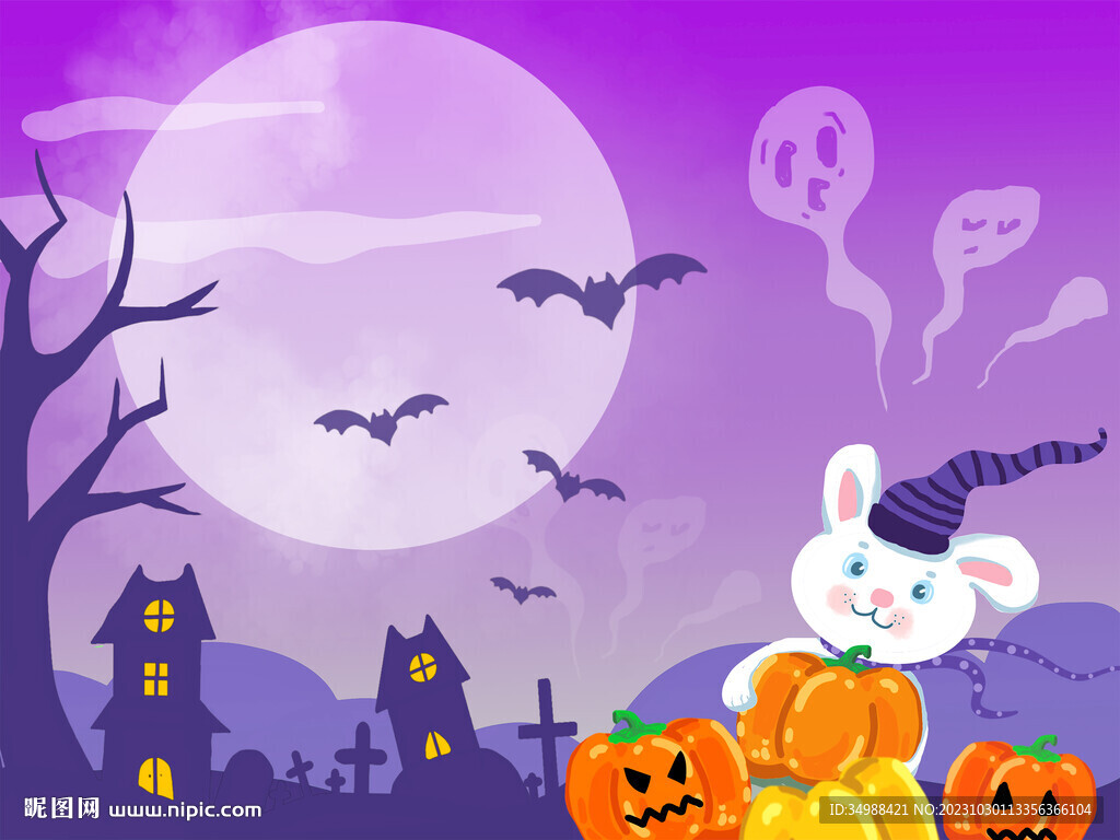 万圣节紫色背景卡通兔子扁平插画