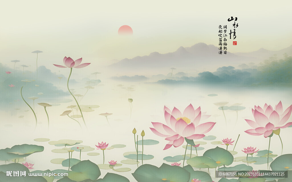 新中式手绘荷花背景墙