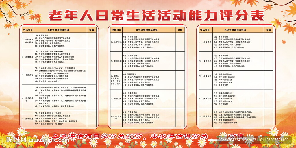 老年人日常生活活动能力评分表