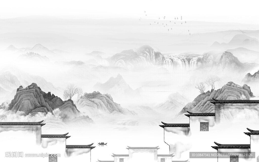 最新 意境灰山水画 TiF分层