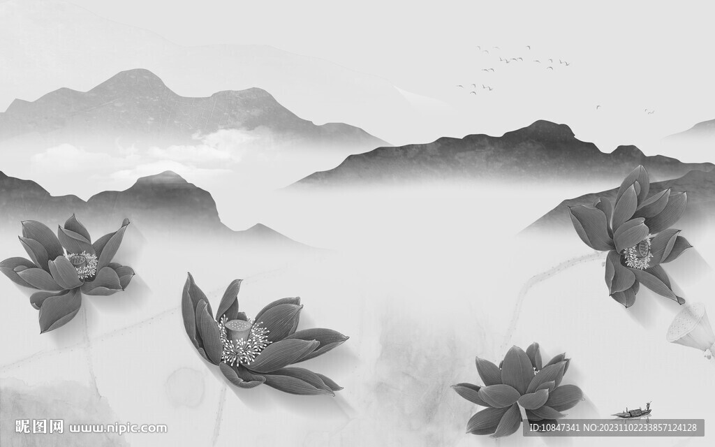 高清 意境灰山水画 TiF分层