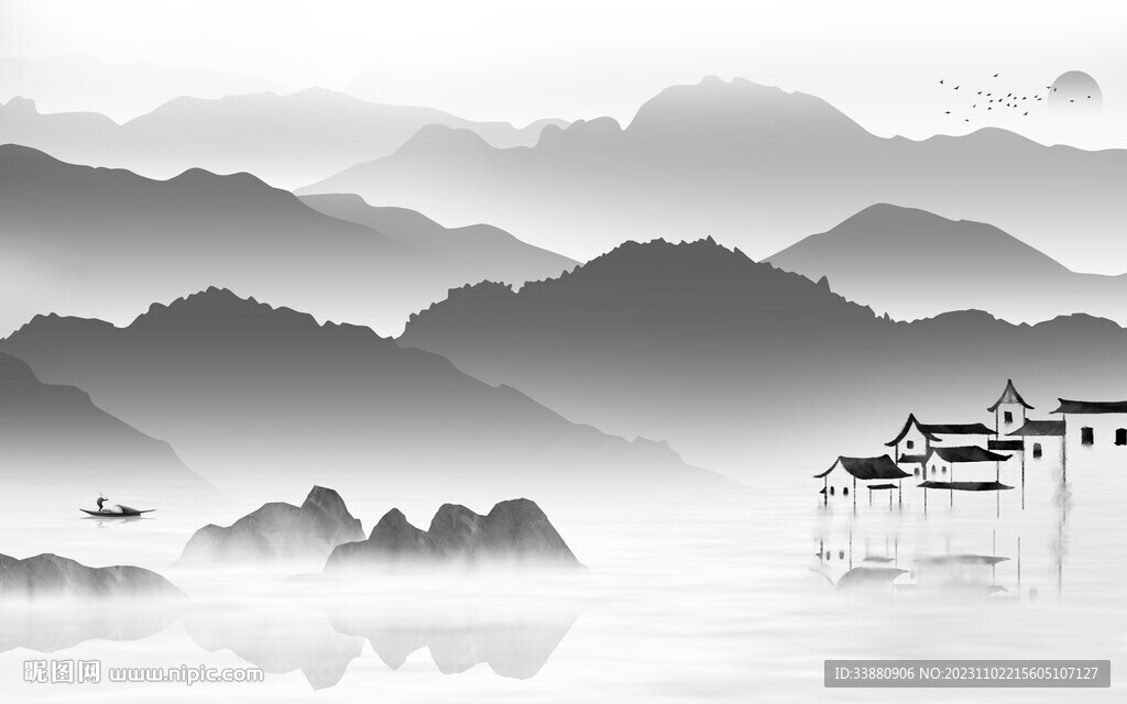 别墅 中式灰山水画 Tif分层