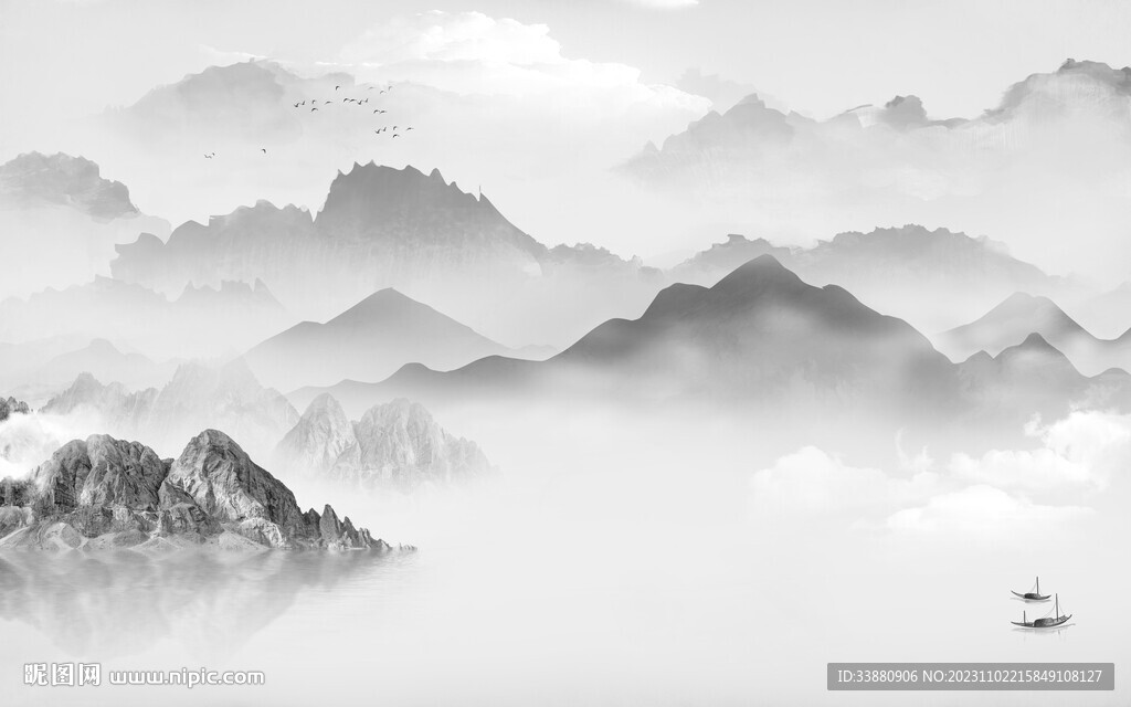 新款 中式灰山水画 Tif分层