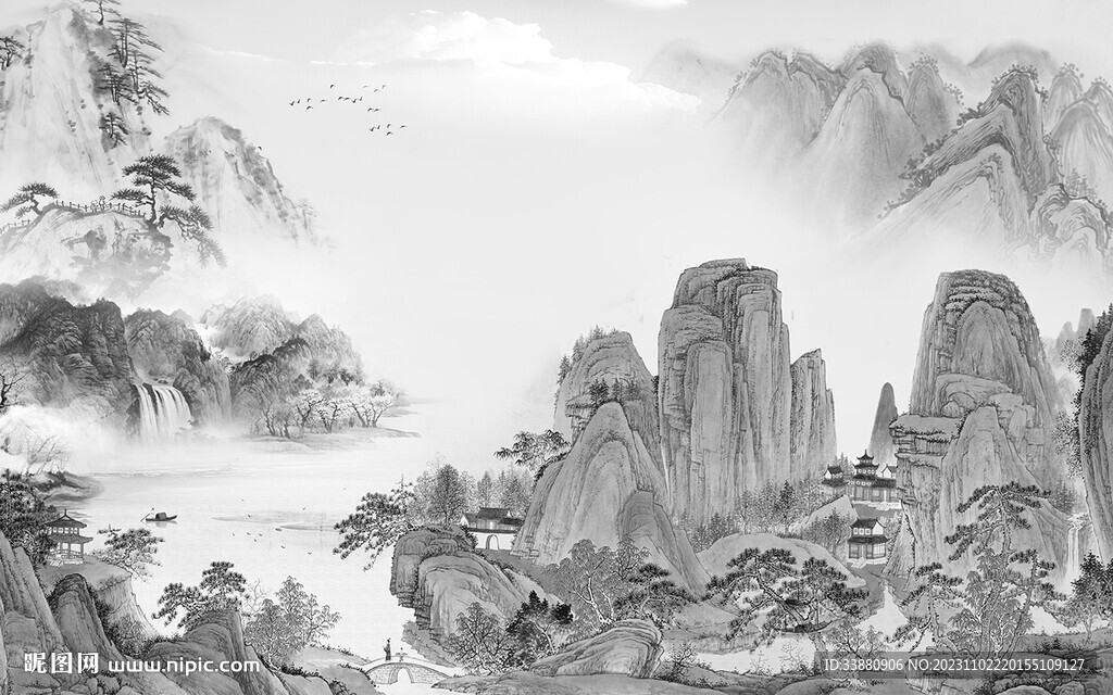 新传 中式灰山水画 Tif分层