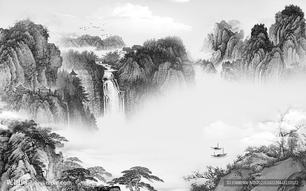 最新 中式灰山水画 Tif分层