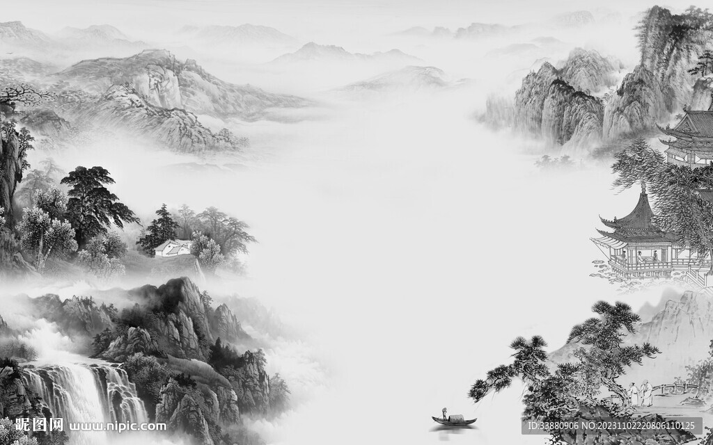 新品 中式灰山水画 Tif分层