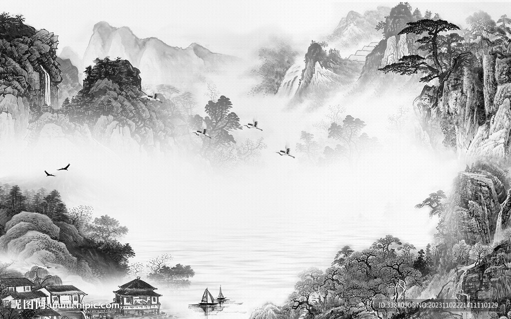 高雅 中式灰山水画 Tif分层