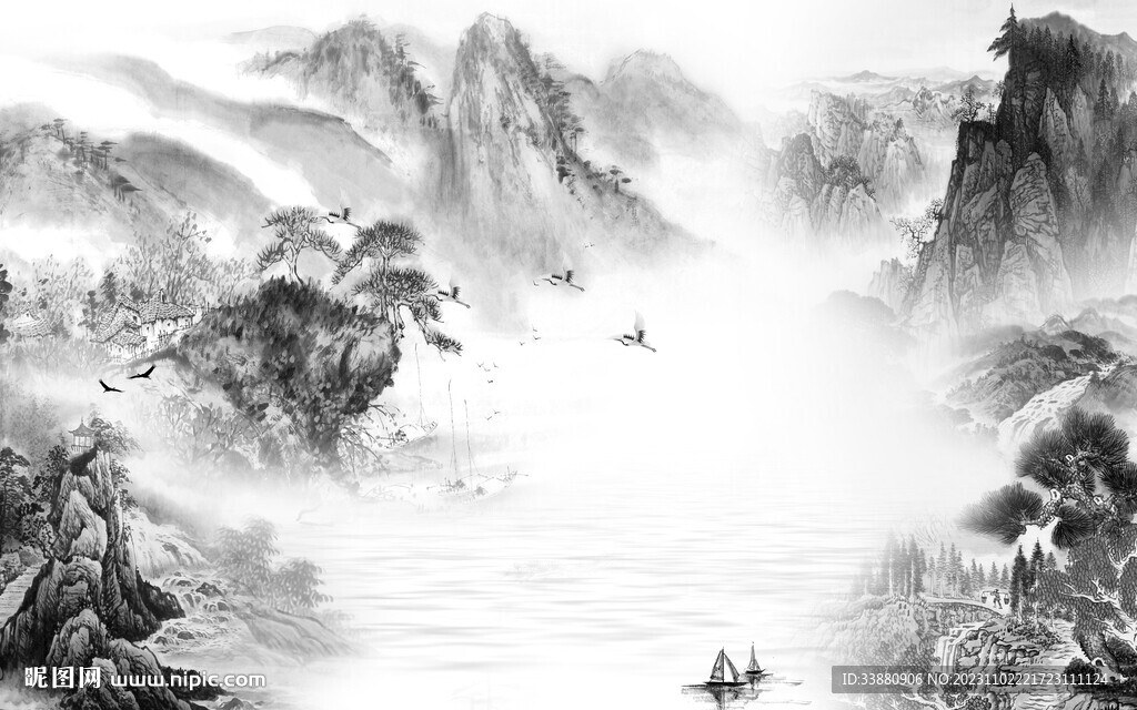 高端 中式灰山水画 Tif分层