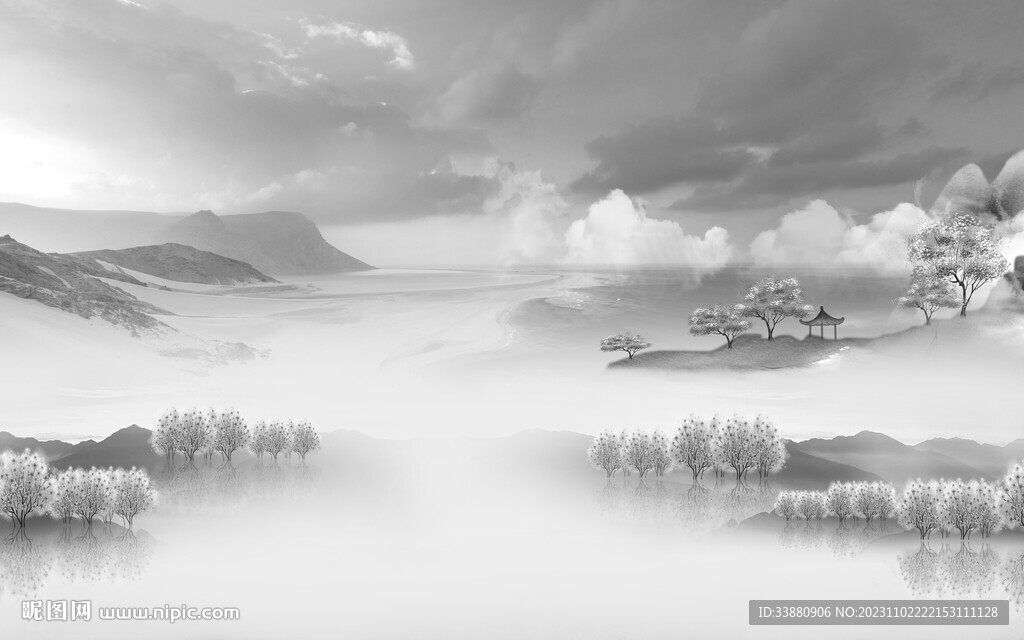 高清 中式灰山水画 Tif分层