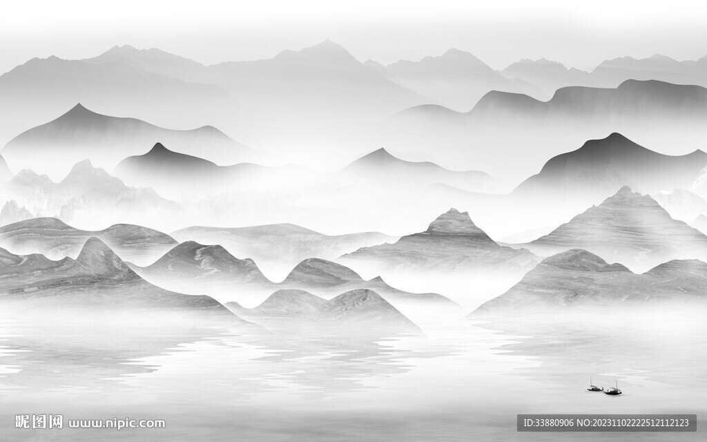 现代 中式灰山水画 Tif分层