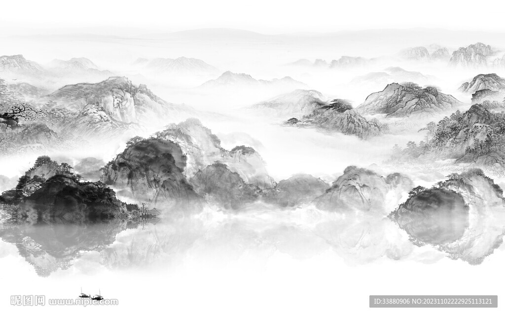 高档 中式灰山水画 Tif分层