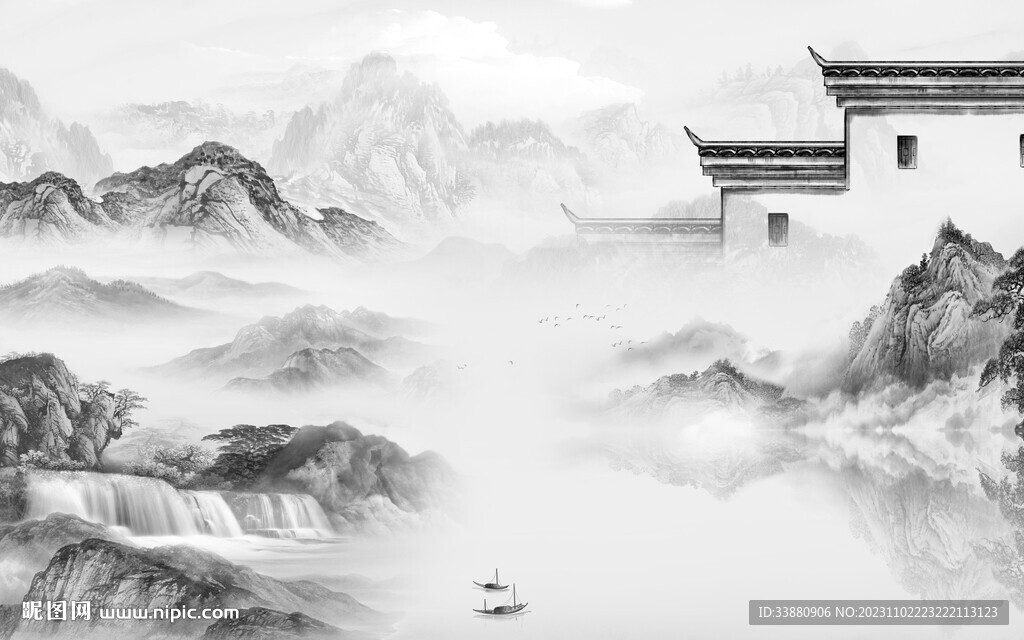 人气 中式灰山水画 Tif分层