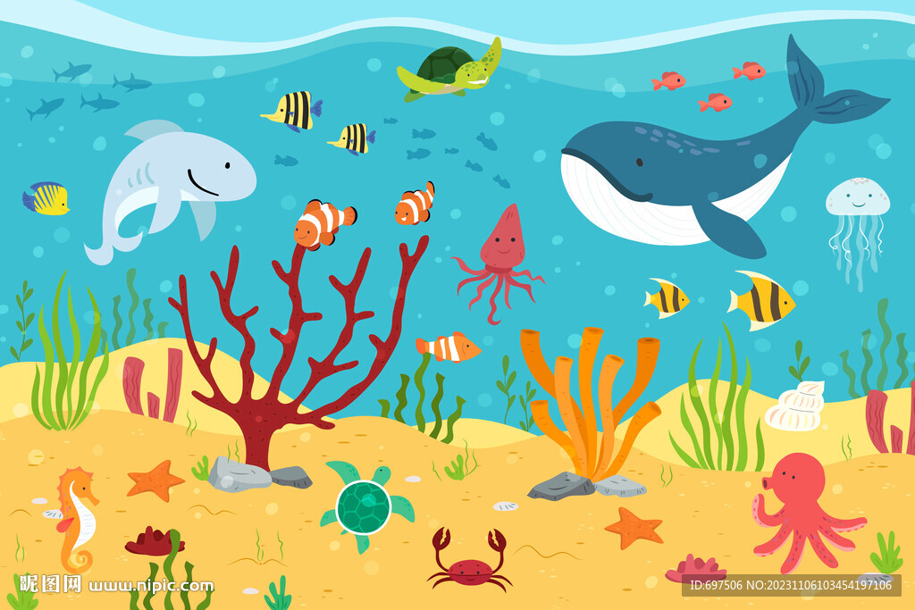 卡通鲸鱼海底世界珊瑚热带鱼背景