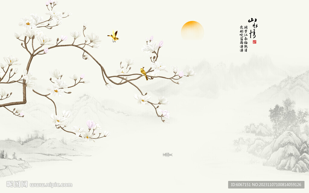 新中式手绘花鸟画背景墙