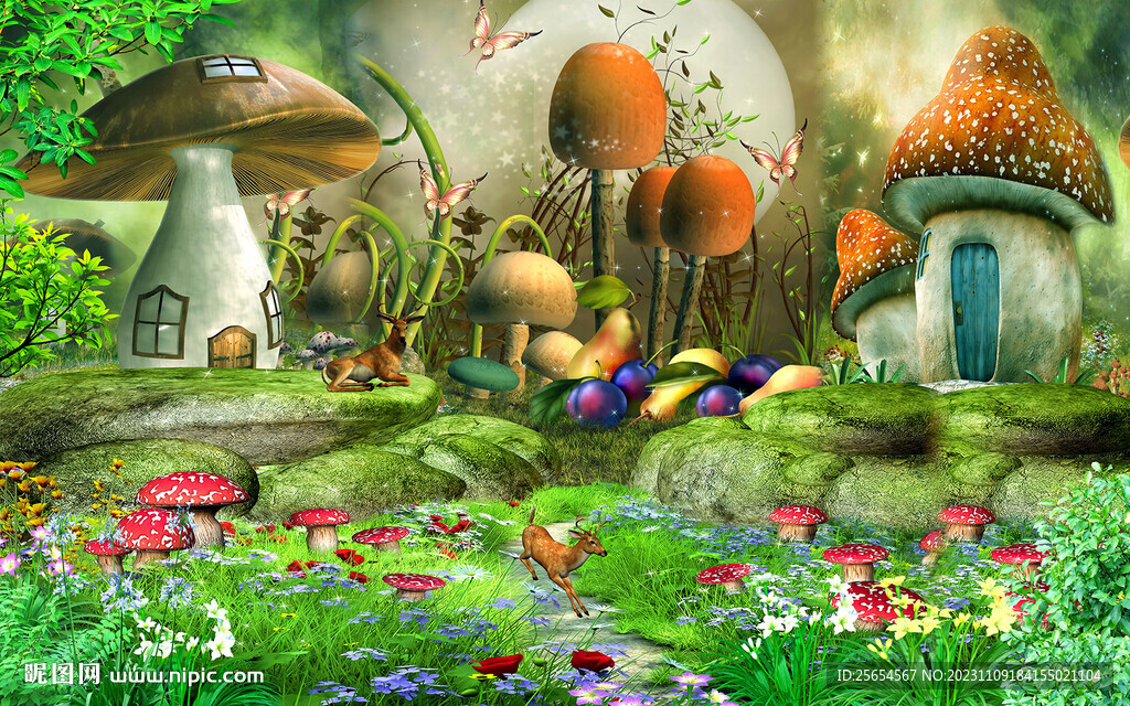 仙境蘑菇儿童房背景墙