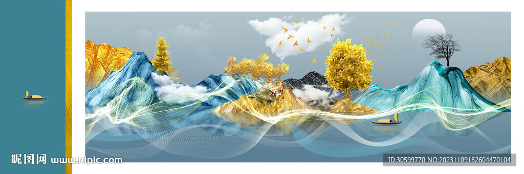 山水麋鹿飞鸟客厅床头装饰画