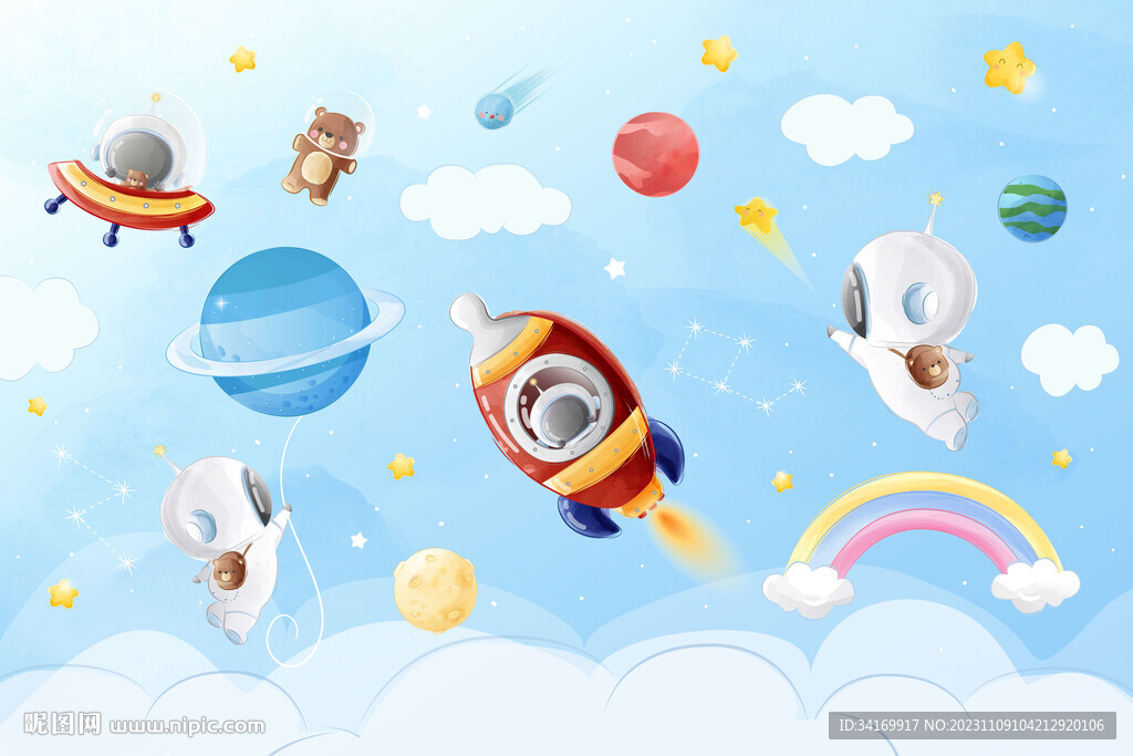 卡通太空火箭可爱宇航员星球背景