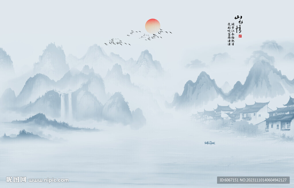 水墨江南水乡背景墙