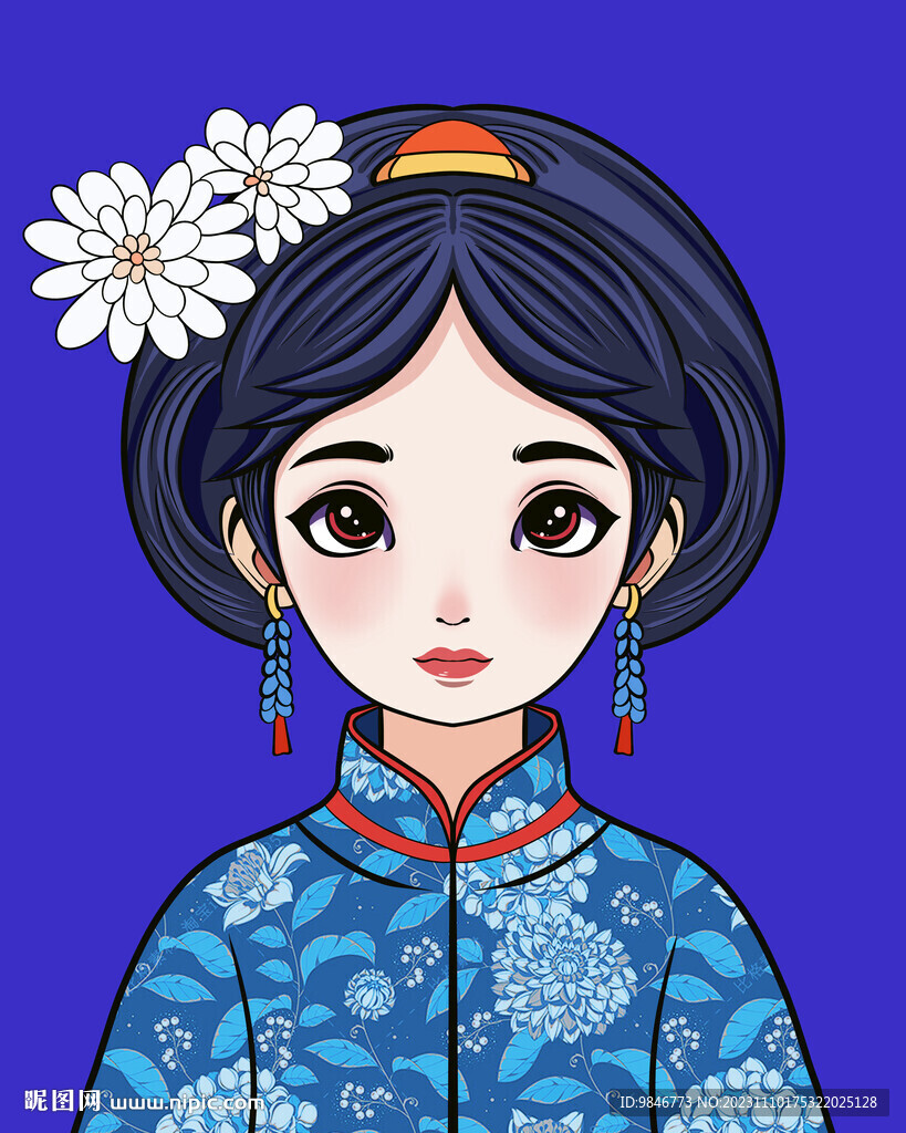 手绘民族风情女孩蓝色衣服