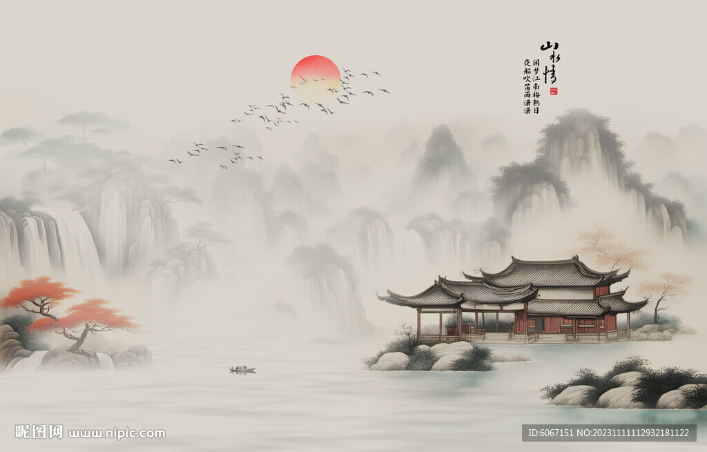 水墨江南水乡背景墙