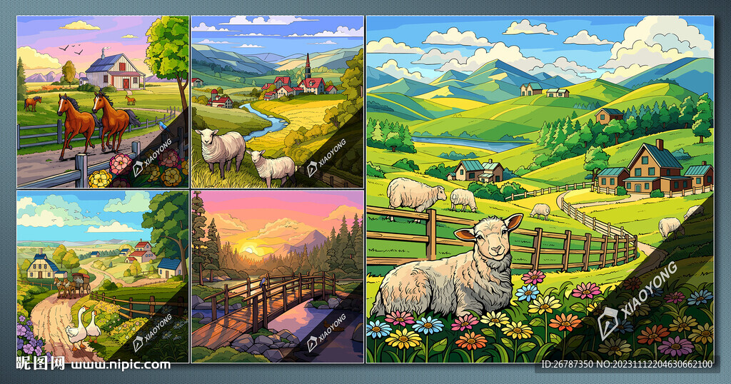 矢量手绘农庄与牧场