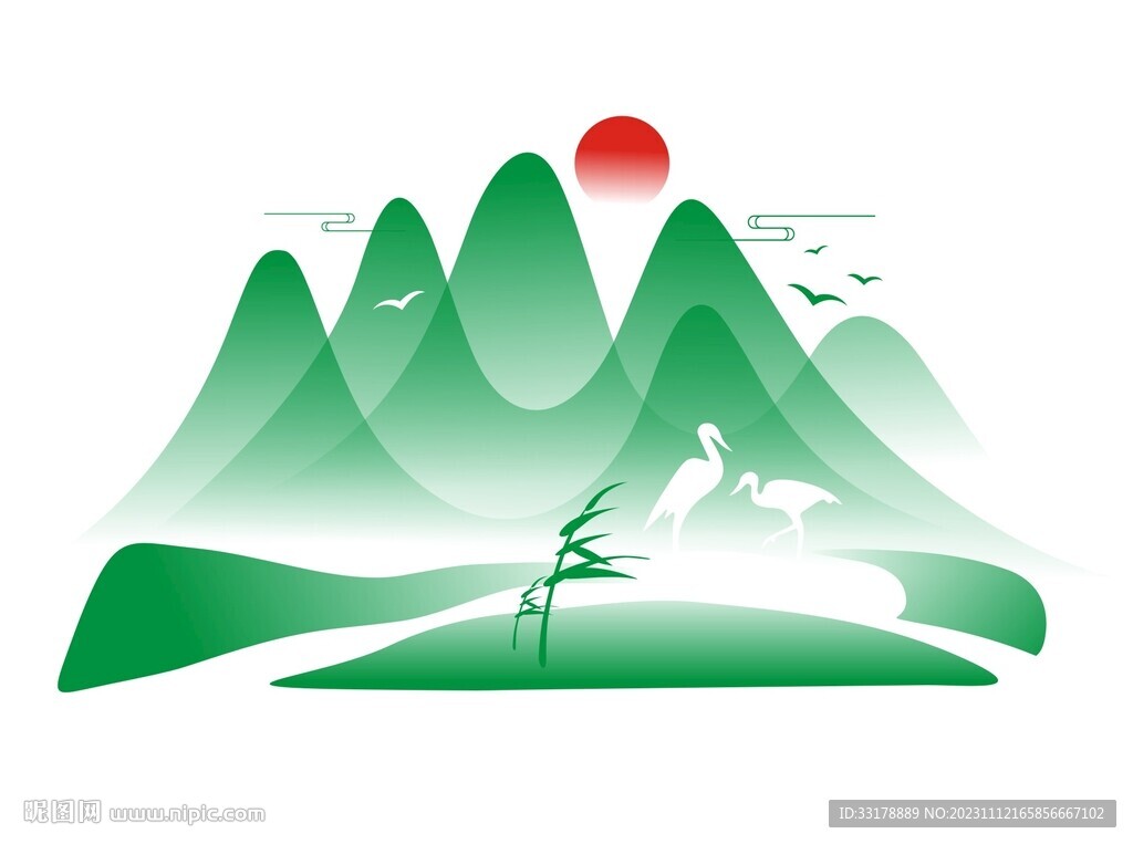 中国风水墨山水山纹飞鸟湿地飞鹤