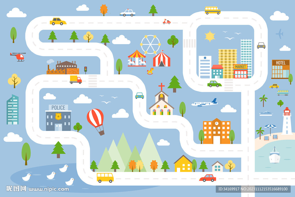 卡通城市道路小汽车房子儿童背景