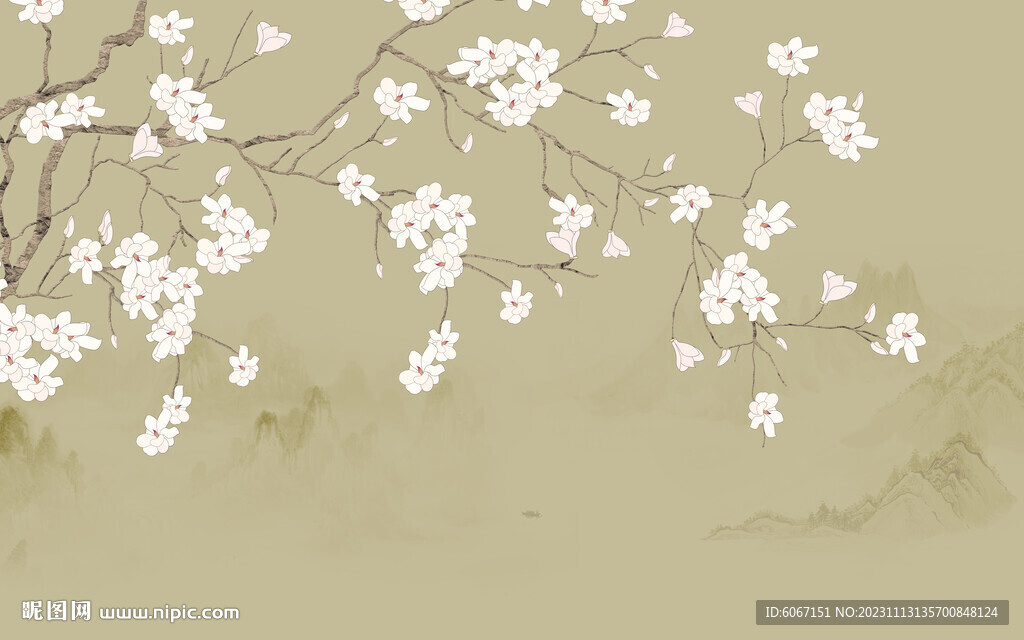 新中式工笔花鸟画床头背景墙