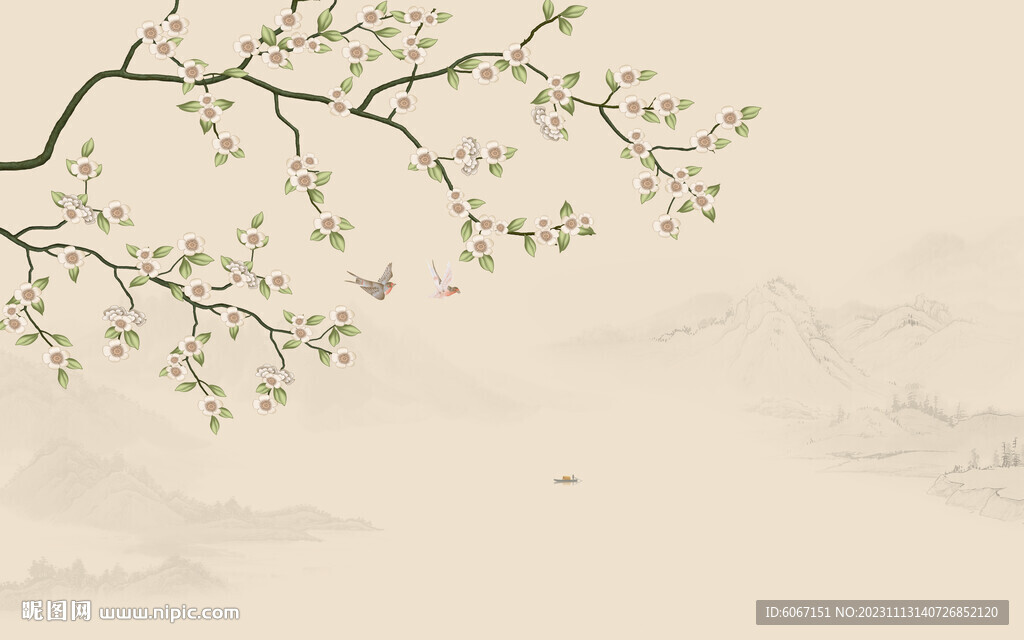 新中式手绘花鸟画背景墙