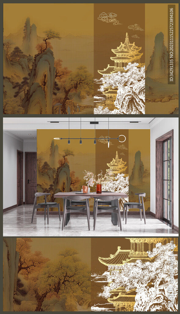 高清中式山水轻奢简约金线阁楼	