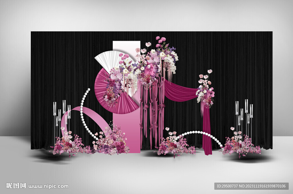 玫红色渐变小众迎宾区婚礼效果图