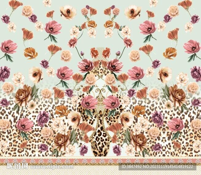 手绘花朵豹纹链条印花