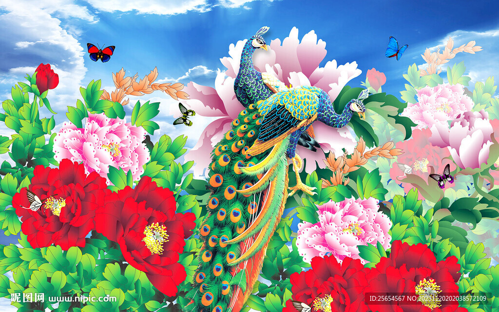 花开富贵写意牡丹国画电视背景墙