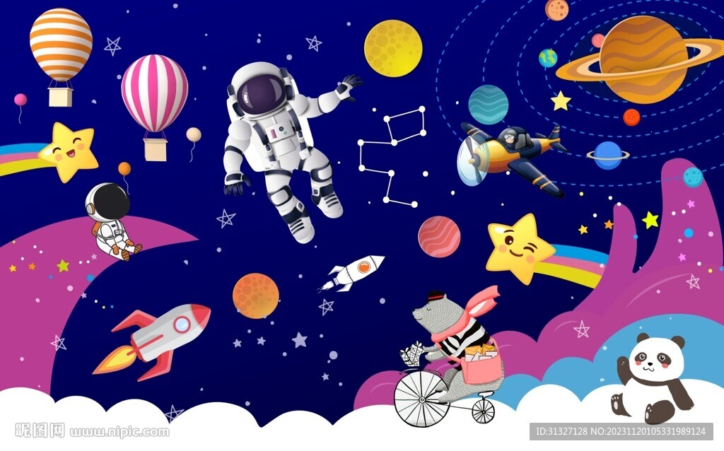 卡通太空儿童房背景墙图片