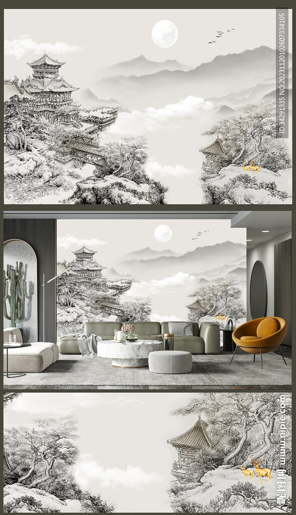 高清中式山水轻奢简约线条阁楼	