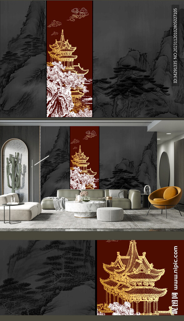 高清中式山水轻奢简约金线阁楼	