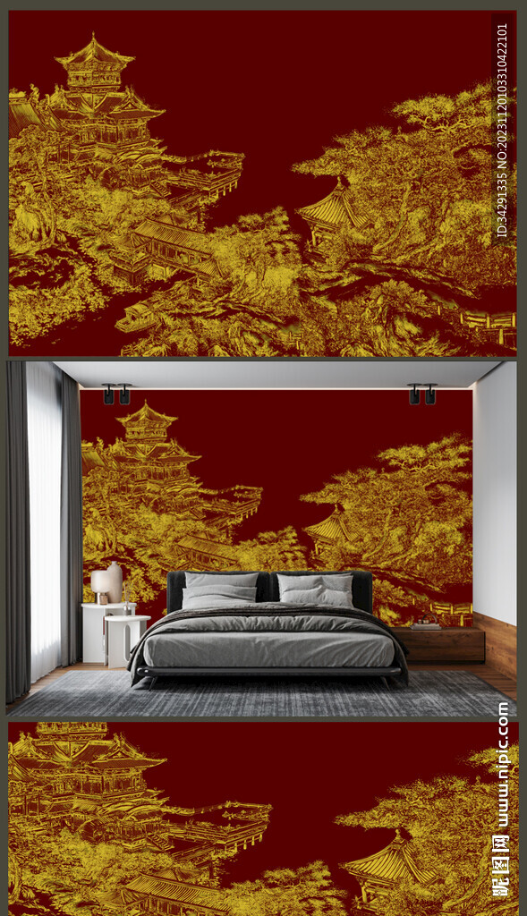 高清中式山水轻奢简约金线阁楼	