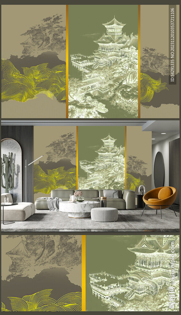 新中式楼阁山水背景轻奢壁画	 