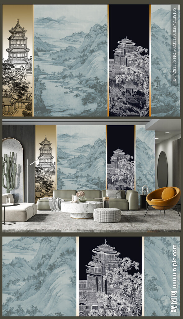 新中式楼阁山水背景轻奢壁画	 