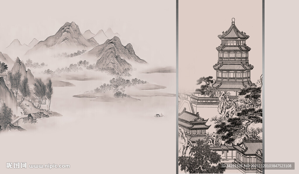 新中式楼阁山水背景轻奢壁画	 