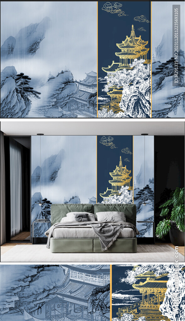 原创新中式轻奢水墨意境山水背景