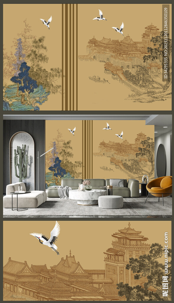 原创新中式轻奢水墨意境山水背景