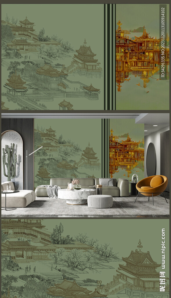 原创新中式轻奢水墨意境山水背景